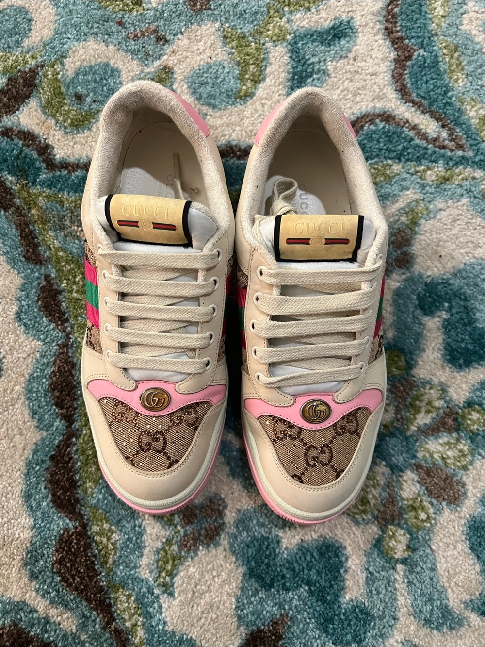 Gucci Beige & Pink GG Canvas Low-Top Sneakers - Picture 2 of 3